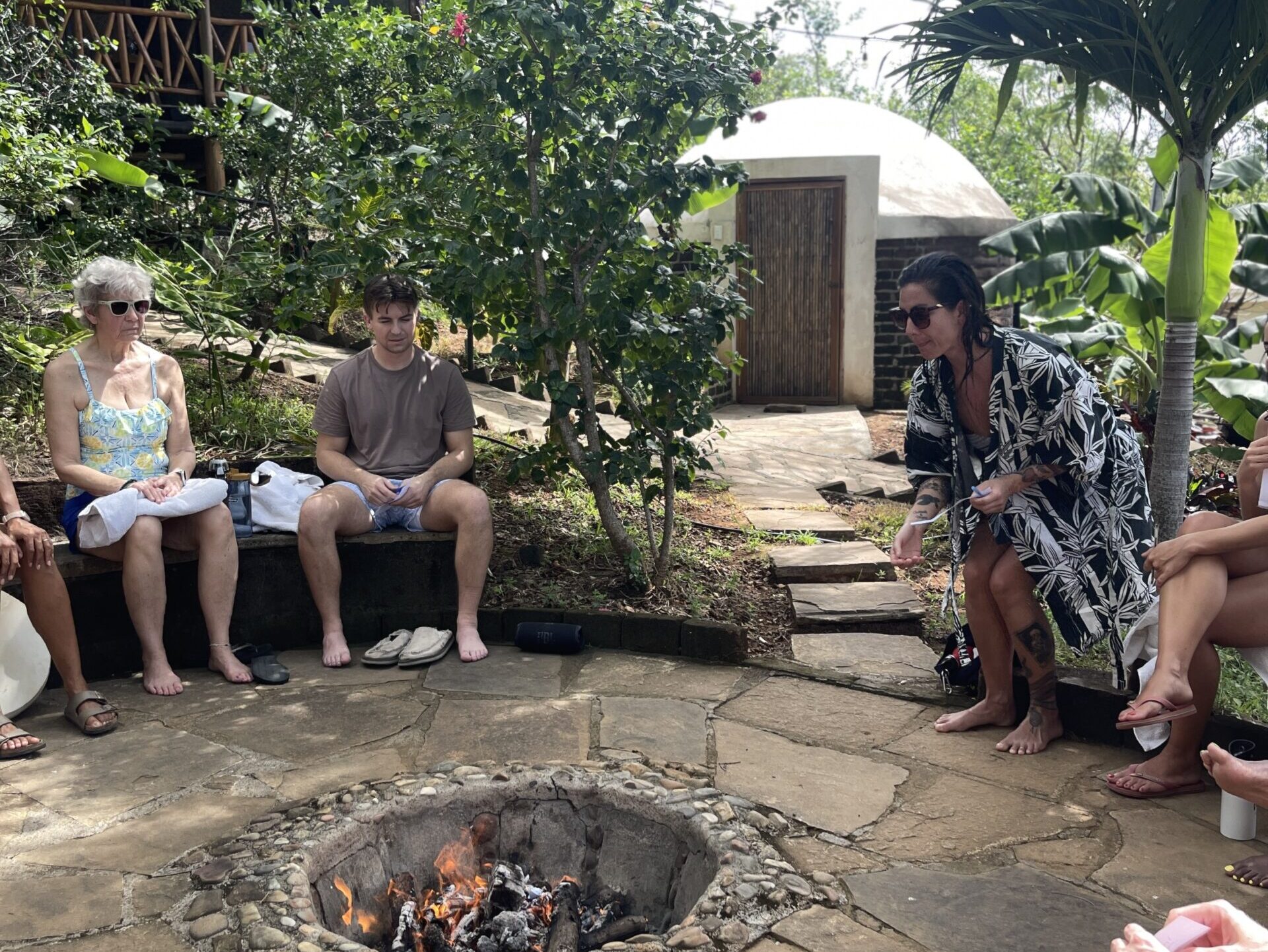 Bonfire ritual before the Temazcal ceremony at Eden on the Chocolata, enhancing the transformative experience of a 200-hour yoga teacher training.